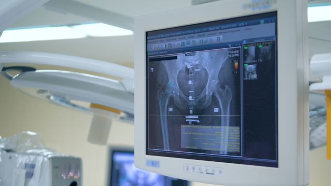 手术室屏幕上病人臀部的x光照片。