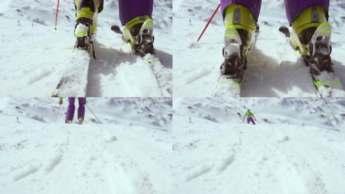 滑雪起步特写雪度假乐趣自由式阳光冬天旅游