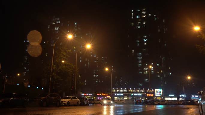 雨夜城市街景-车流红绿灯