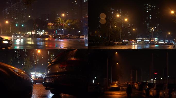 雨夜城市街景-车流红绿灯