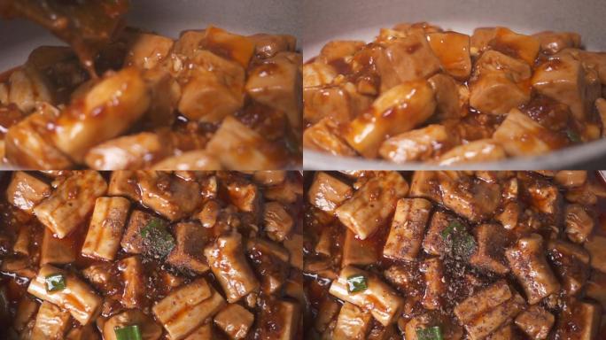 红烧麻婆豆腐慢镜头下油锅美食视频