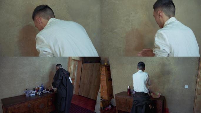 藏族男人早上洗漱擦脸升格
