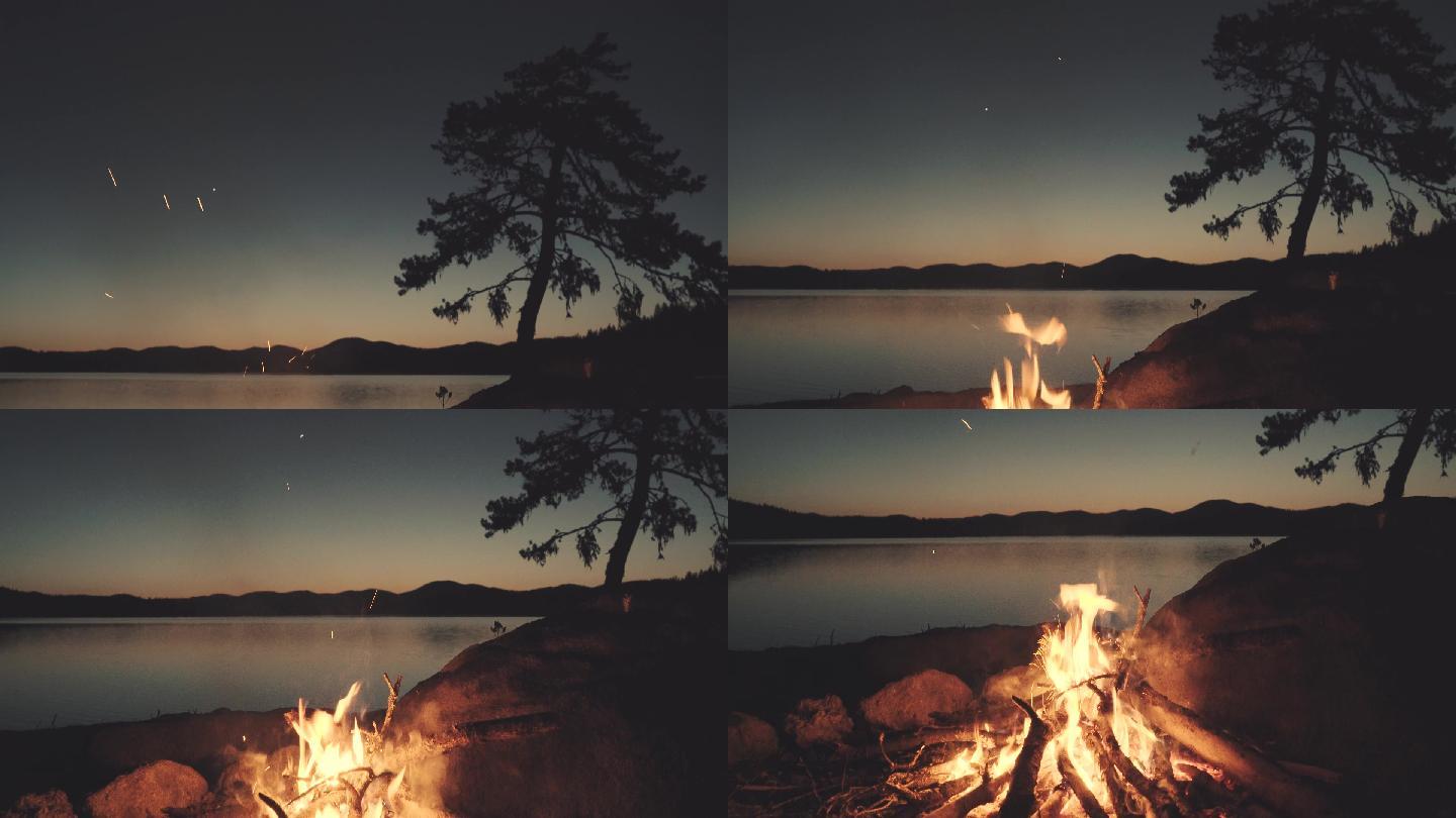 夜晚湖边的篝火露营野营湖边