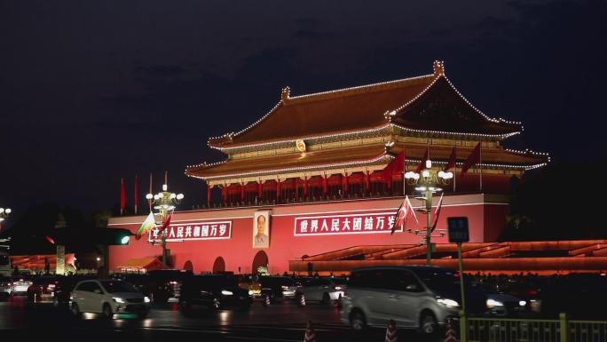 北京天安门街道傍晚夜景交通