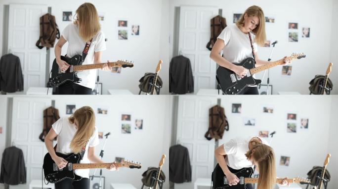 可爱的女孩弹吉他周末假期摇滚宅女