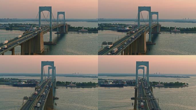 日出时分，布朗克斯白石大桥的鸟瞰图。