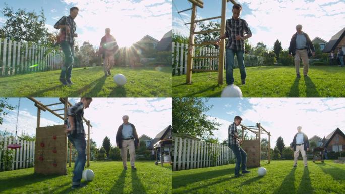 爷爷和孙子在后院踢足球