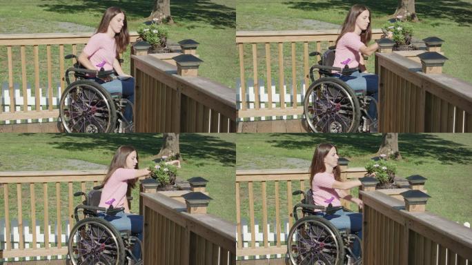 坐着轮椅的女人在花园做园艺