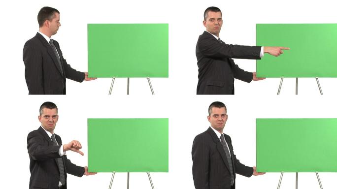 商人站在白色背景上看着绿色的板表示不赞成