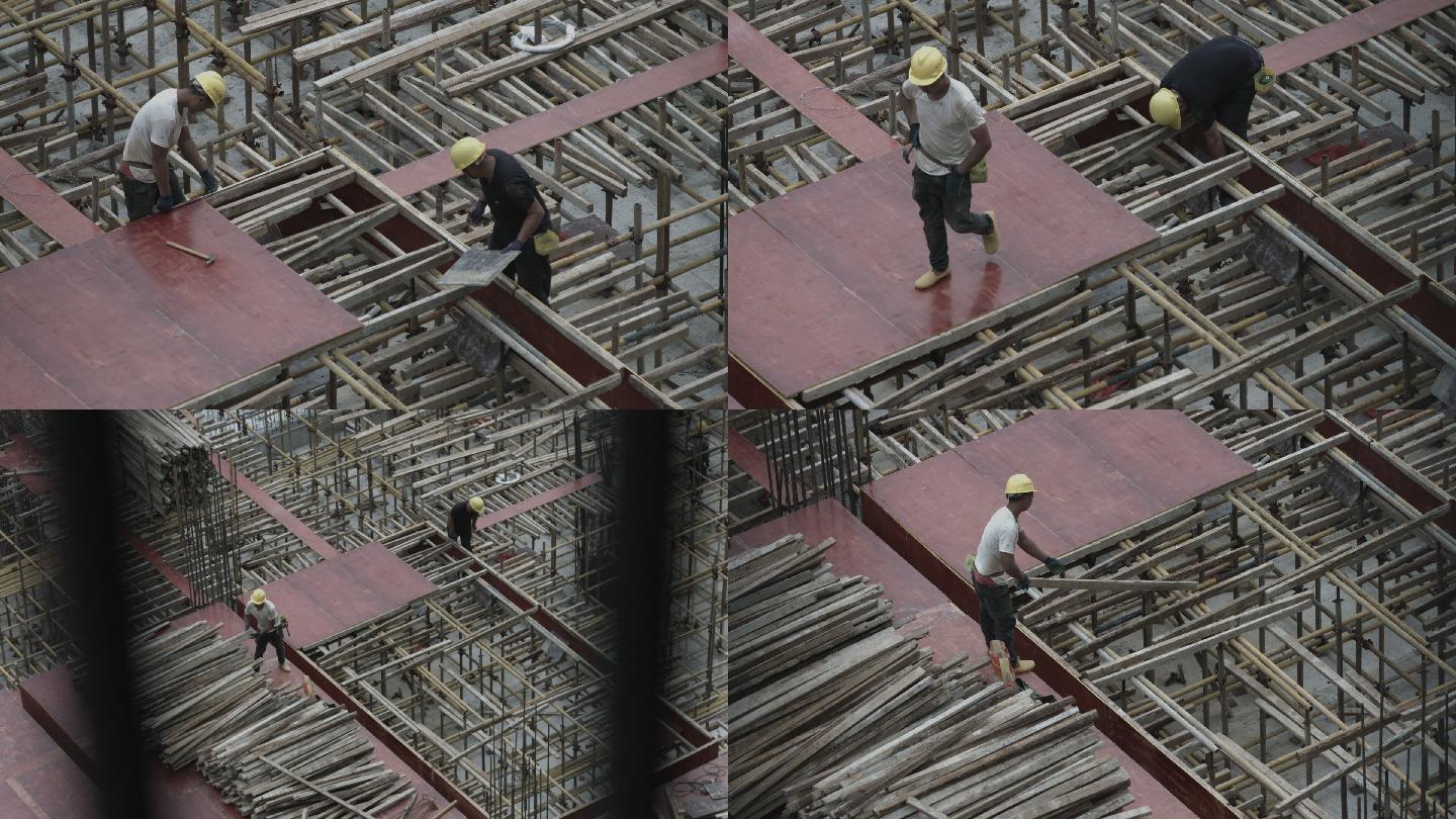 4K工地建筑工人搭建木板422