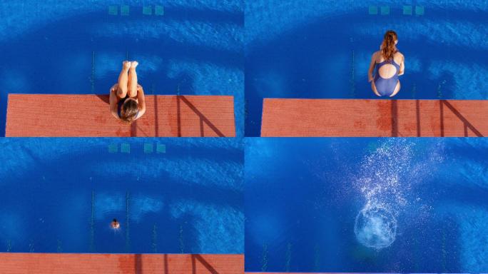 潜水员坐在跳台边上抬起双腿跳入游泳池