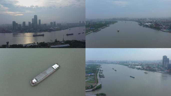 航拍上海城市外滩黄埔江游轮