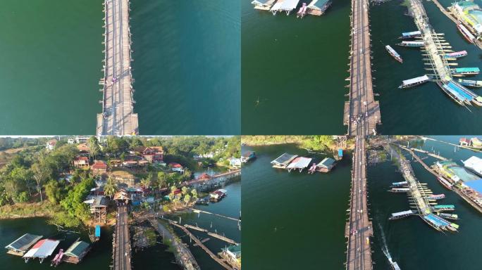 航拍泰国孟族木桥全景