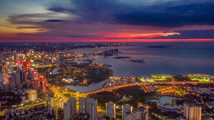 海南海口国贸夜景车流晚霞火烧云1080