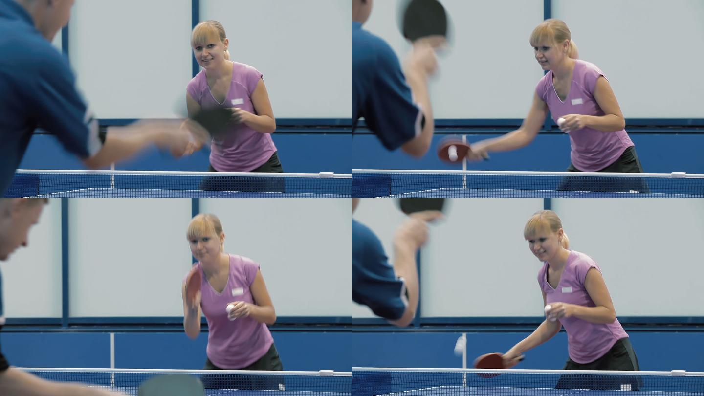 特写：一男一女在打乒乓球