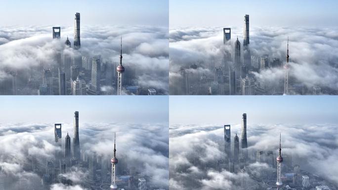 浓雾中的上海天际线鸟瞰图