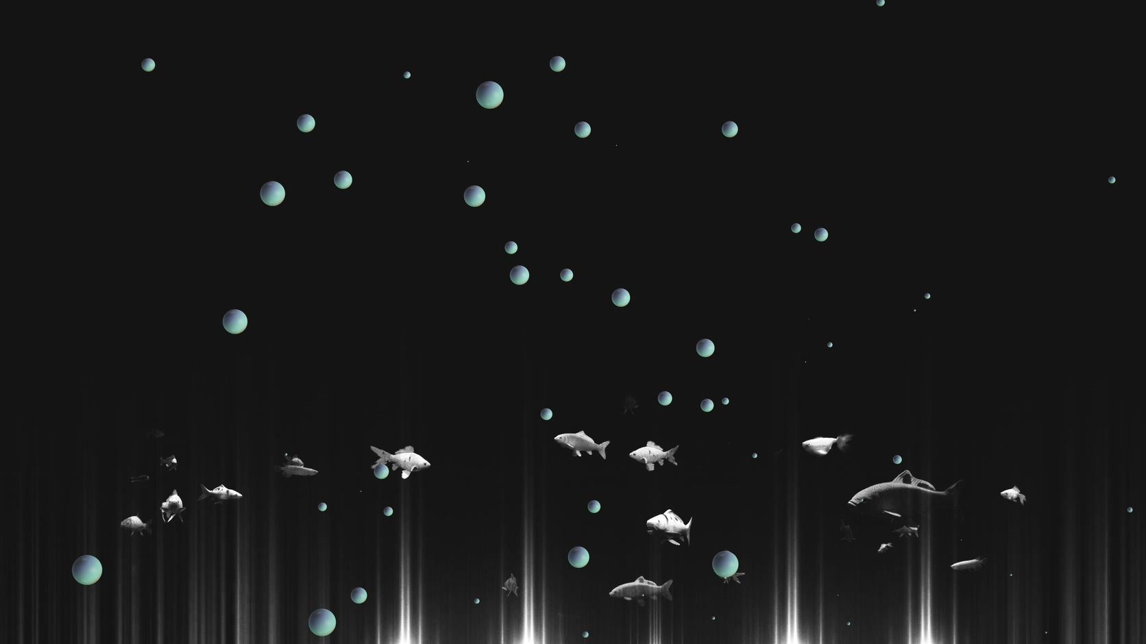 【4k时尚背景】黑白鱼缸小鱼球体3d粒子