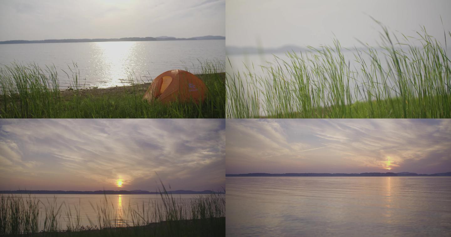 湖边风景夕阳帐篷