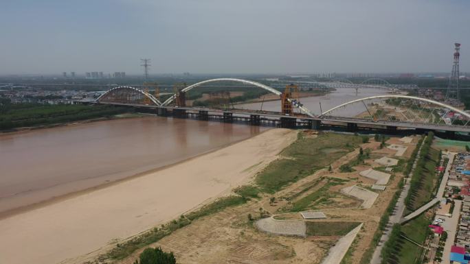 山东济南：航拍在建齐鲁黄河大桥