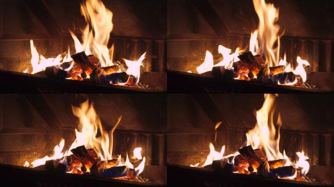 在壁炉里烧木头木制柴火发光白昼
