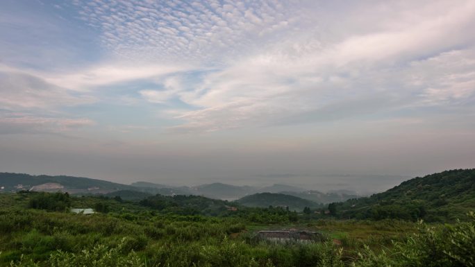 延时清晨、远山、阳光白云