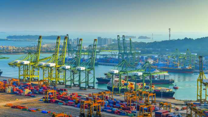 新加坡港集装箱货船工作吊车装卸延时视频
