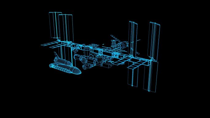 蓝色线框全息科技空间站动画带通道