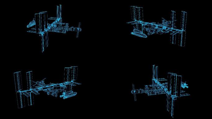 蓝色线框全息科技空间站动画带通道