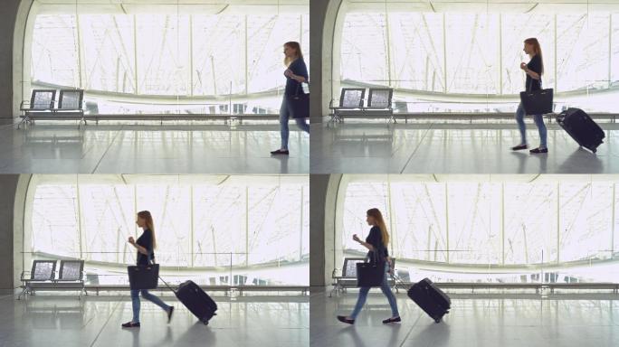 旅客提着行李在机场候机楼穿行