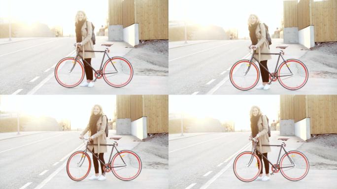 日落中的女孩和她的自行车