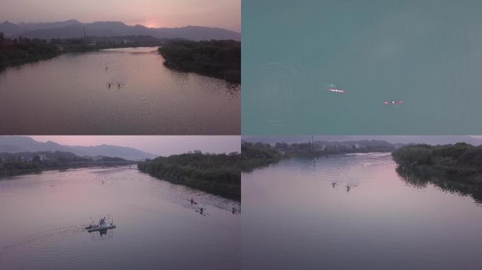 日落时分溪水上皮划艇划船4K高清航拍