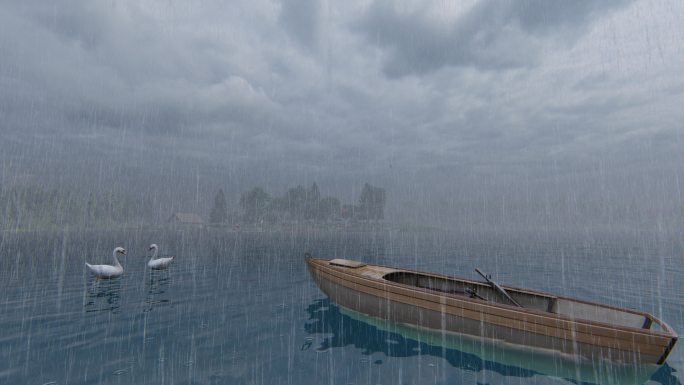 4K户外湖面小船下雨视频背景
