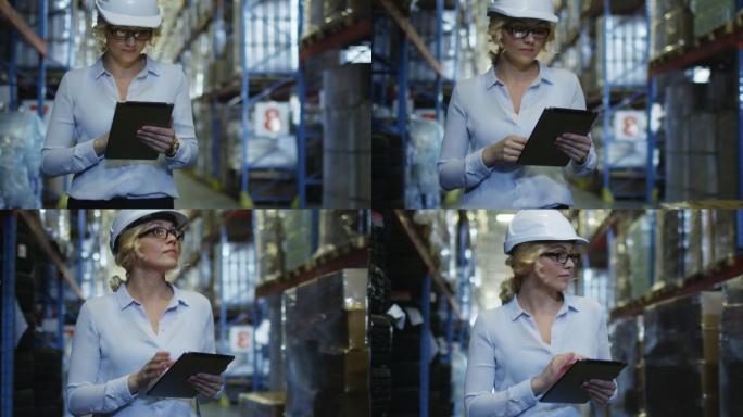 戴着安全帽的女经理走在物流仓库里。