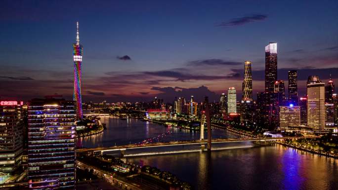 广州珠江两岸CBD城市灯光夜景日转夜航拍