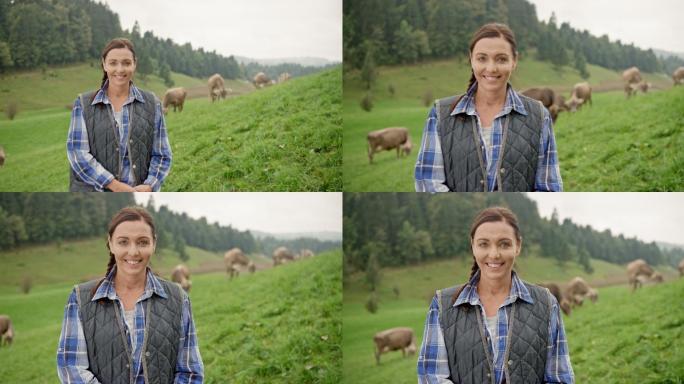 一位女农民站在牧场上微笑的画像