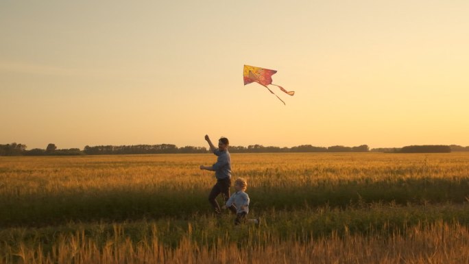 在田野上一起奔跑放风筝的父子