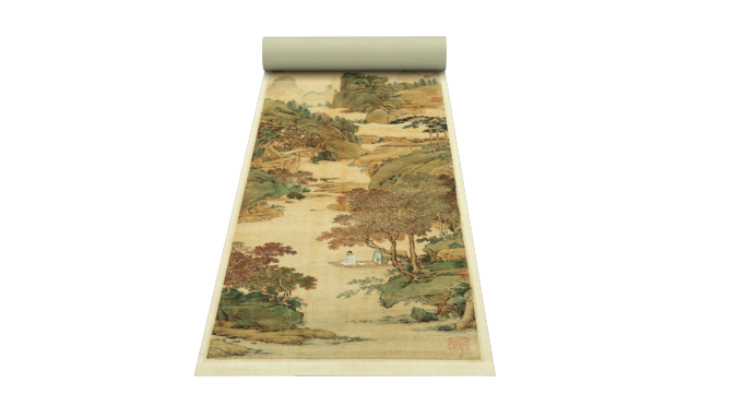 展开的古画卷-枫溪垂钓图