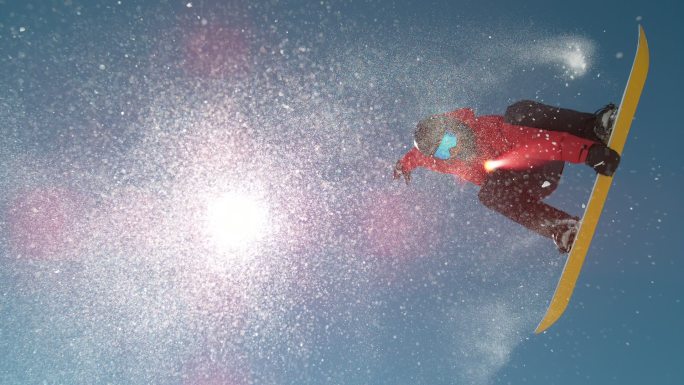 镜头耀斑明亮的阳光照在滑雪板运动员跳板