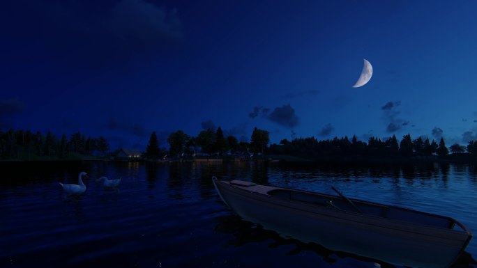 4K夜色月光水面小船背景视频