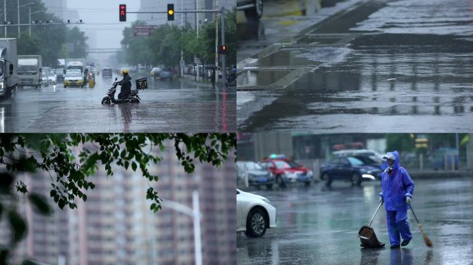 雨中街景、外卖环卫雨中工作 视频 素材