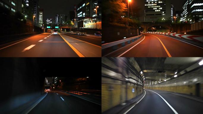 晚上在东京开车移动中交通延时城市景观