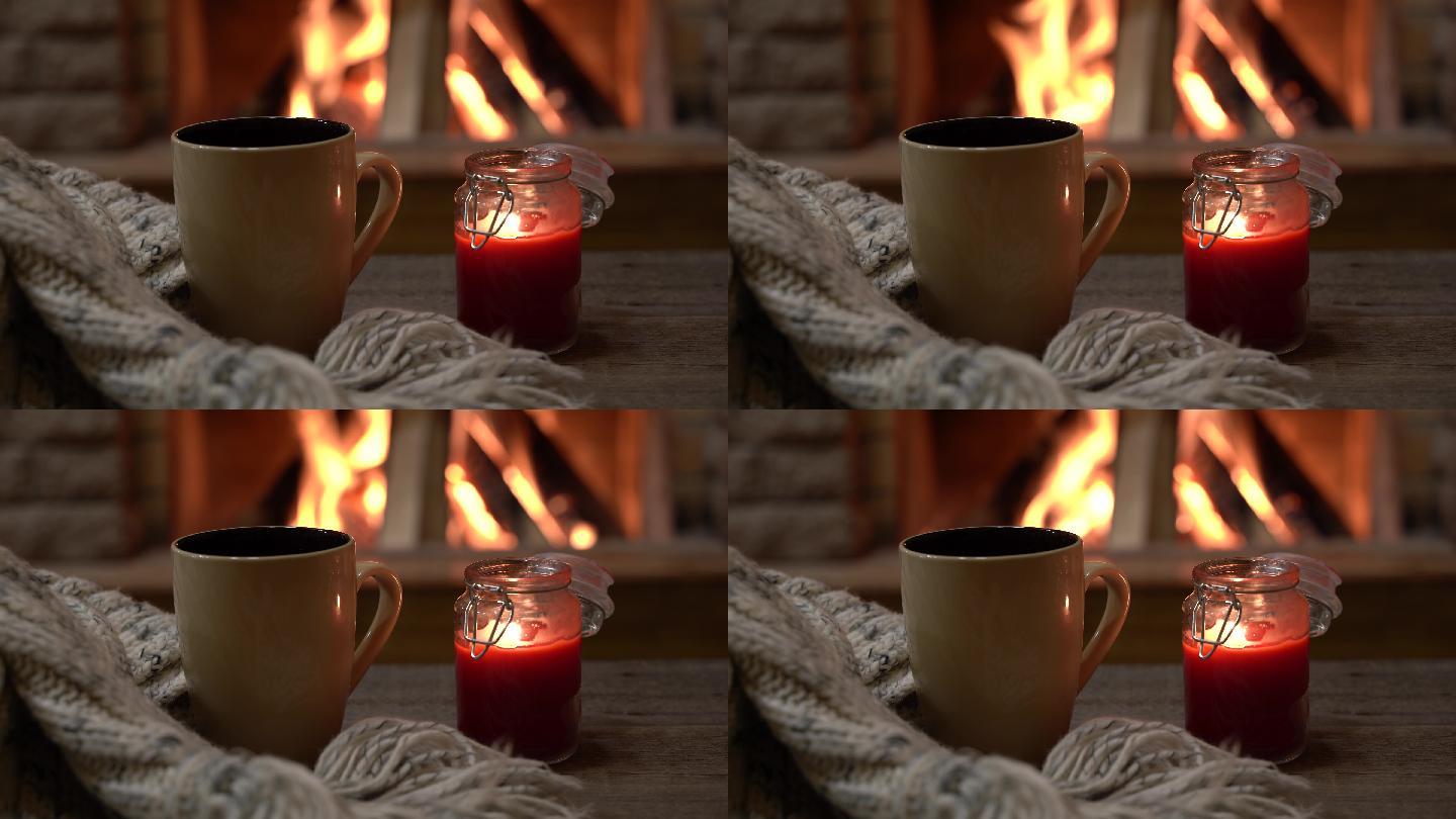 在温暖的壁炉前放一杯茶和一支蜡烛。