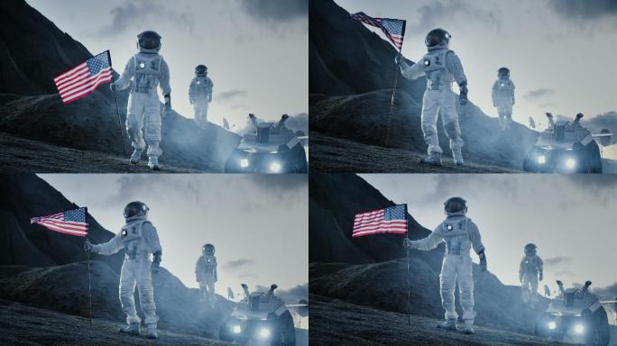 两名自豪的宇航员在外星球插上美国国旗