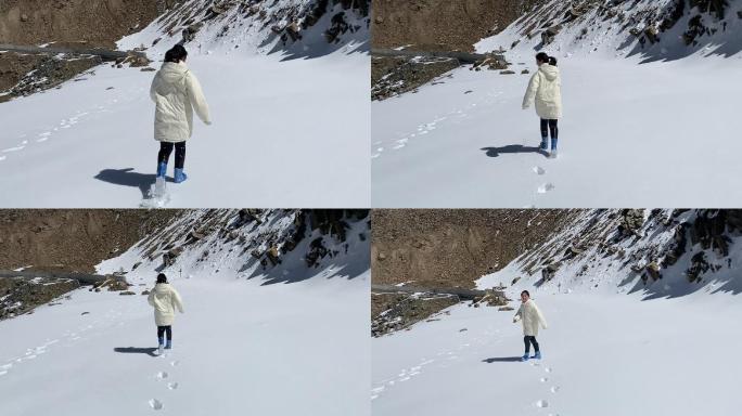 高原雪地少女奔跑