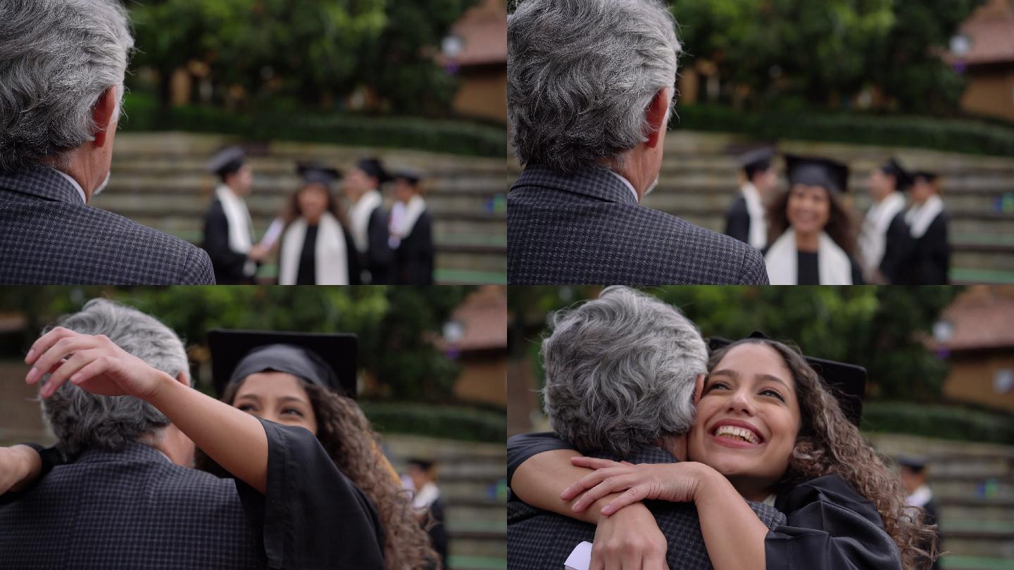 获得学位后，兴奋的女学生跑向爸爸拥抱他