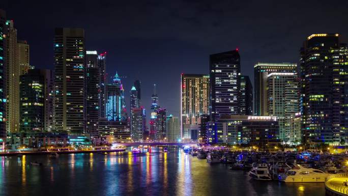 夜光迪拜码头水上交通步行湾全景延时阿联酋
