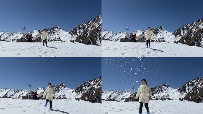 高原雪地少女奔跑