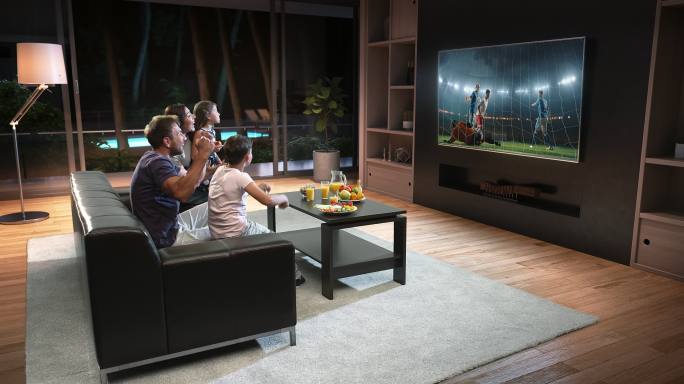 一家人正在电视上观看足球比赛并庆祝进球