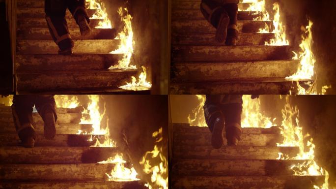 消防队员在燃烧的楼梯上奔跑的特写镜头。