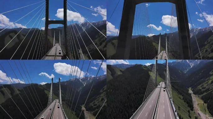 航拍高山、跨山大桥风景